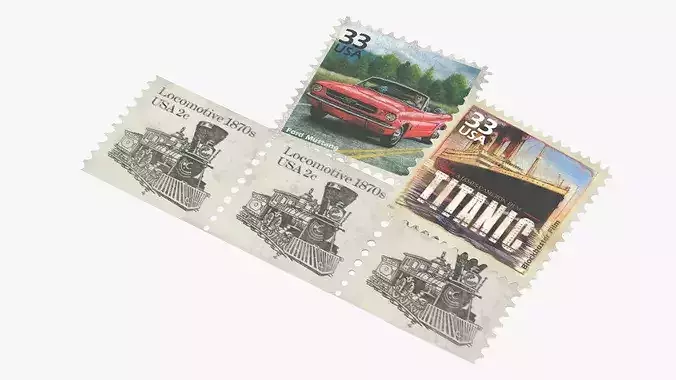 Old US Stamps Set Mustang Titanic and Steam Train 3D model 2