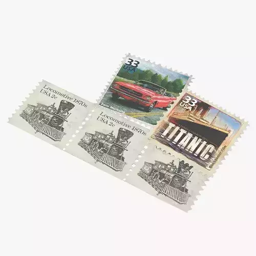 Old US Stamps Set Mustang Titanic and Steam Train 3D model