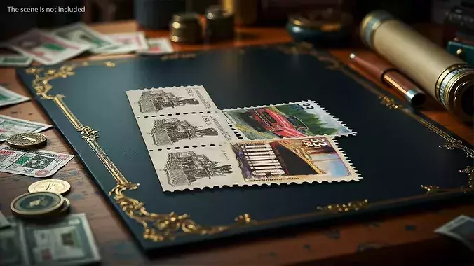 Old US Stamps Set Mustang Titanic and Steam Train 3D model 4