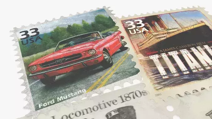 Old US Stamps Set Mustang Titanic and Steam Train 3D model 7