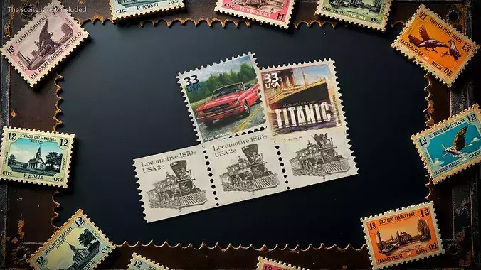 Old US Stamps Set Mustang Titanic and Steam Train 3D model 3