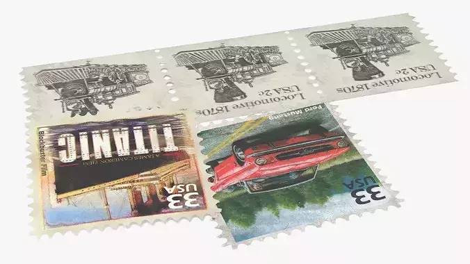Old US Stamps Set Mustang Titanic and Steam Train 3D model 6