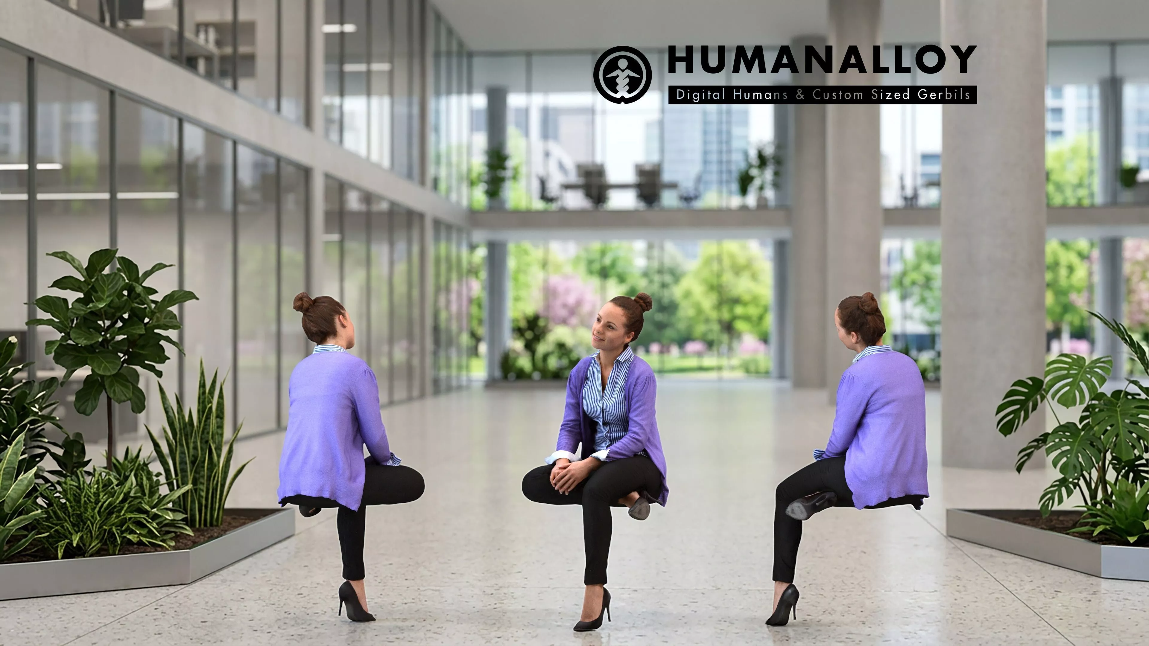 Adult Caucasian woman relaxing in office wearing transitional 3D model