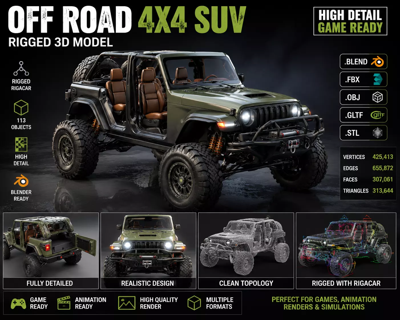 Off Road Open Top 4x4 SUV Rigged Vehicle 3D Model Low-poly 3D model