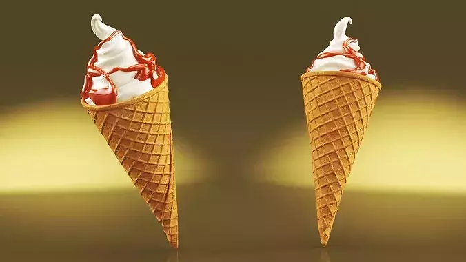 Soft Serve Ice Cream Cone Caramel Topped 3D model 2