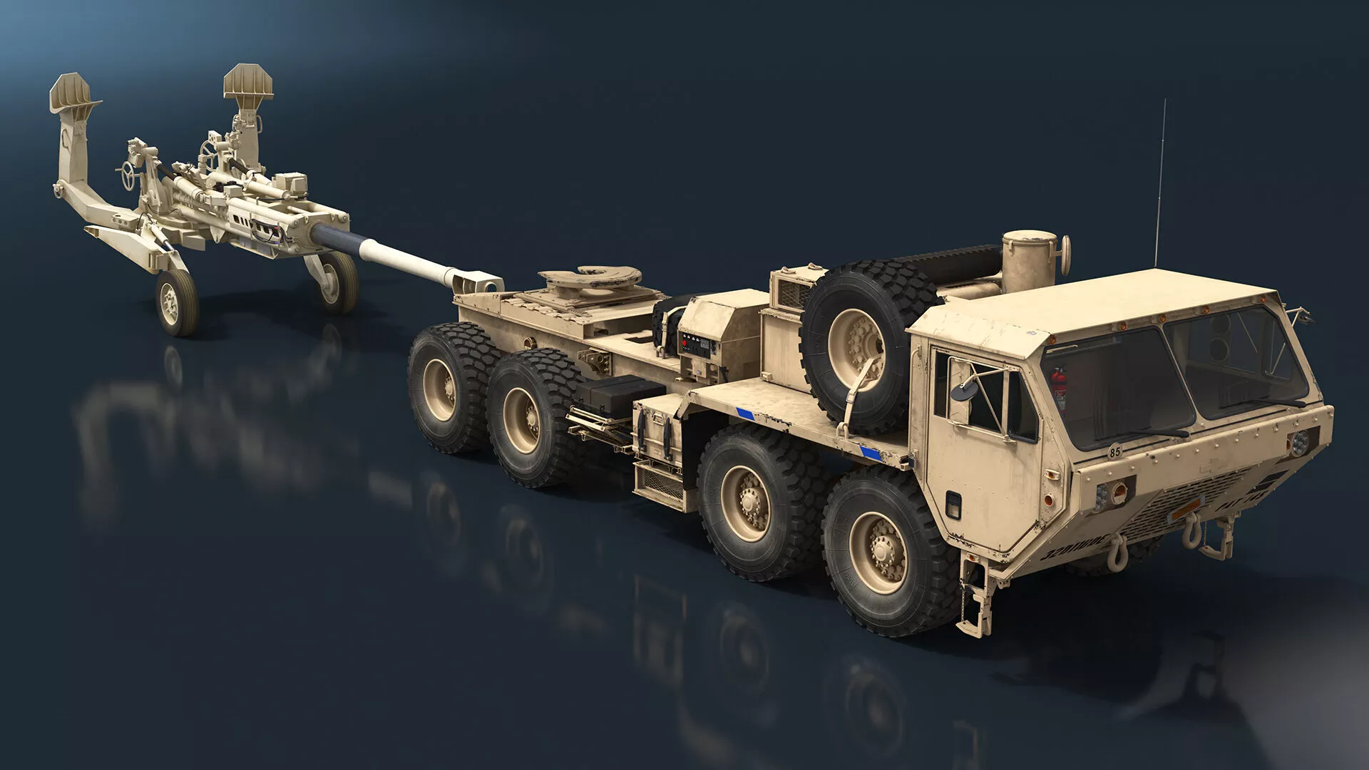 Military Oshkosh HEMTT with M777 Howitzer Rigged Cinema 4D 3D model