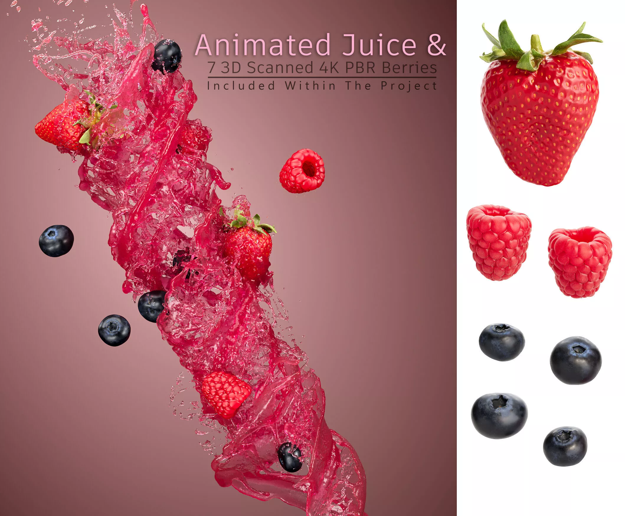 Animated Berry Juice Swirl with 3D Scanned Fruits 3D model