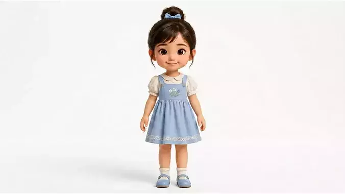 Cute Chinese Cartoon Girl Character Rigged Animated 3D Model
