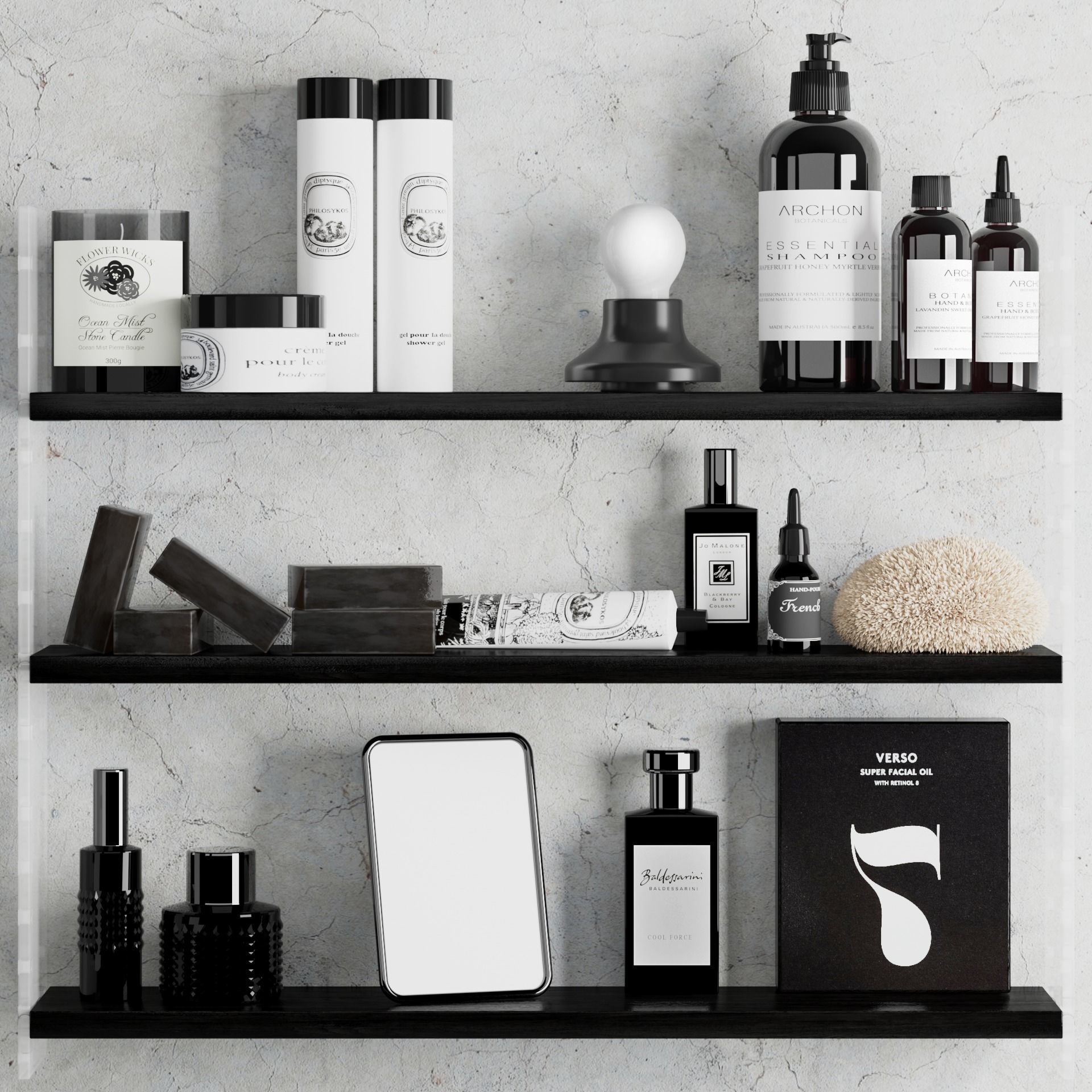 Bathroom set 3 mockup of shelf with cosmetics and toiletries 3D model