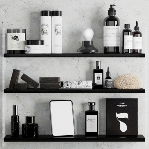 Bathroom set 3 mockup of shelf with cosmetics and toiletries 3D model