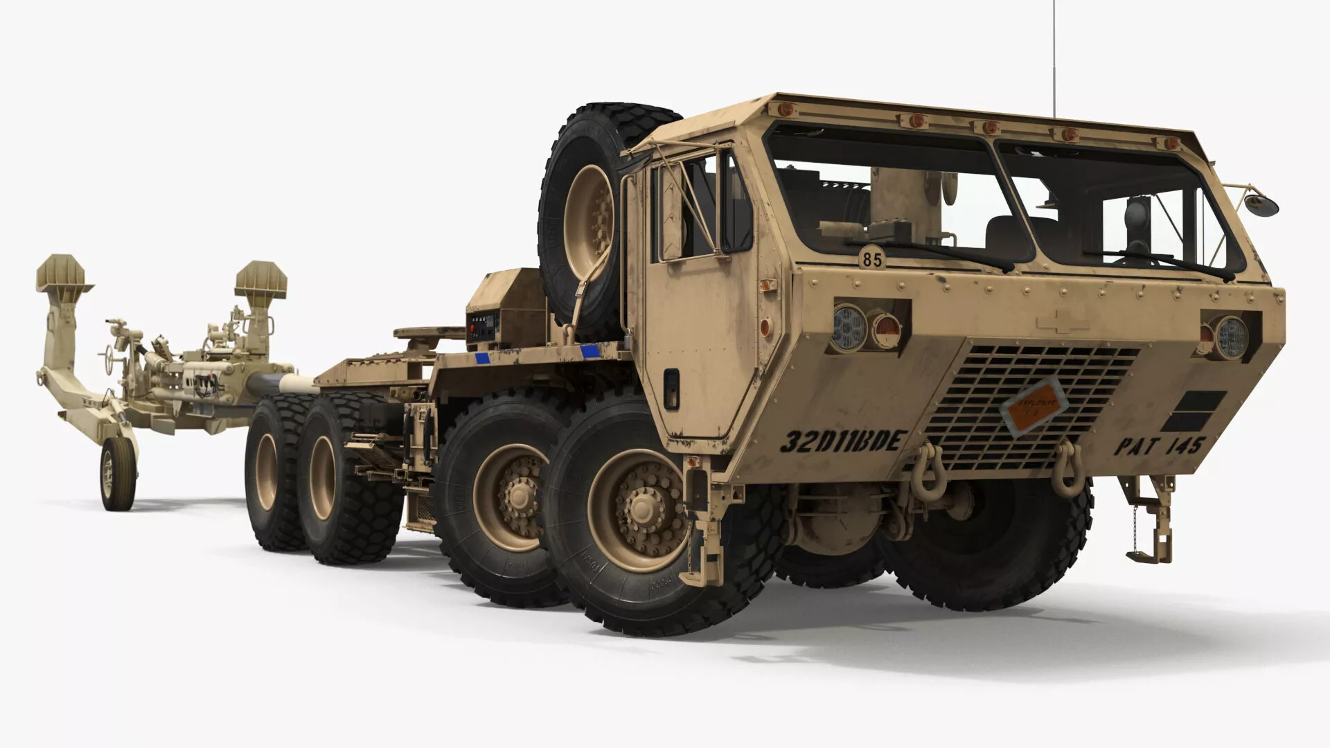 Military Oshkosh HEMTT with Artillery M777 Howitzer Rigged Maya 3D model