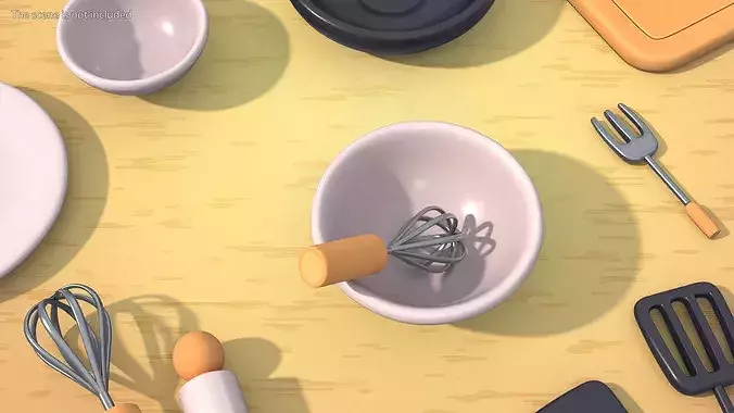 Cartoon Mixing Bowl with Whisk 3D model 2