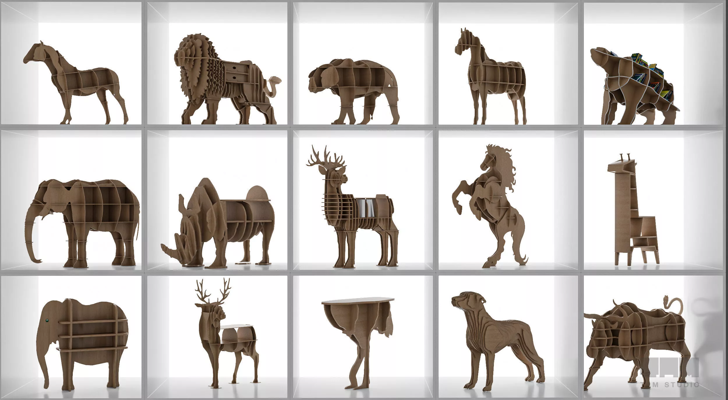 Creative Animal-Shaped Wooden Bookshelf 3D model