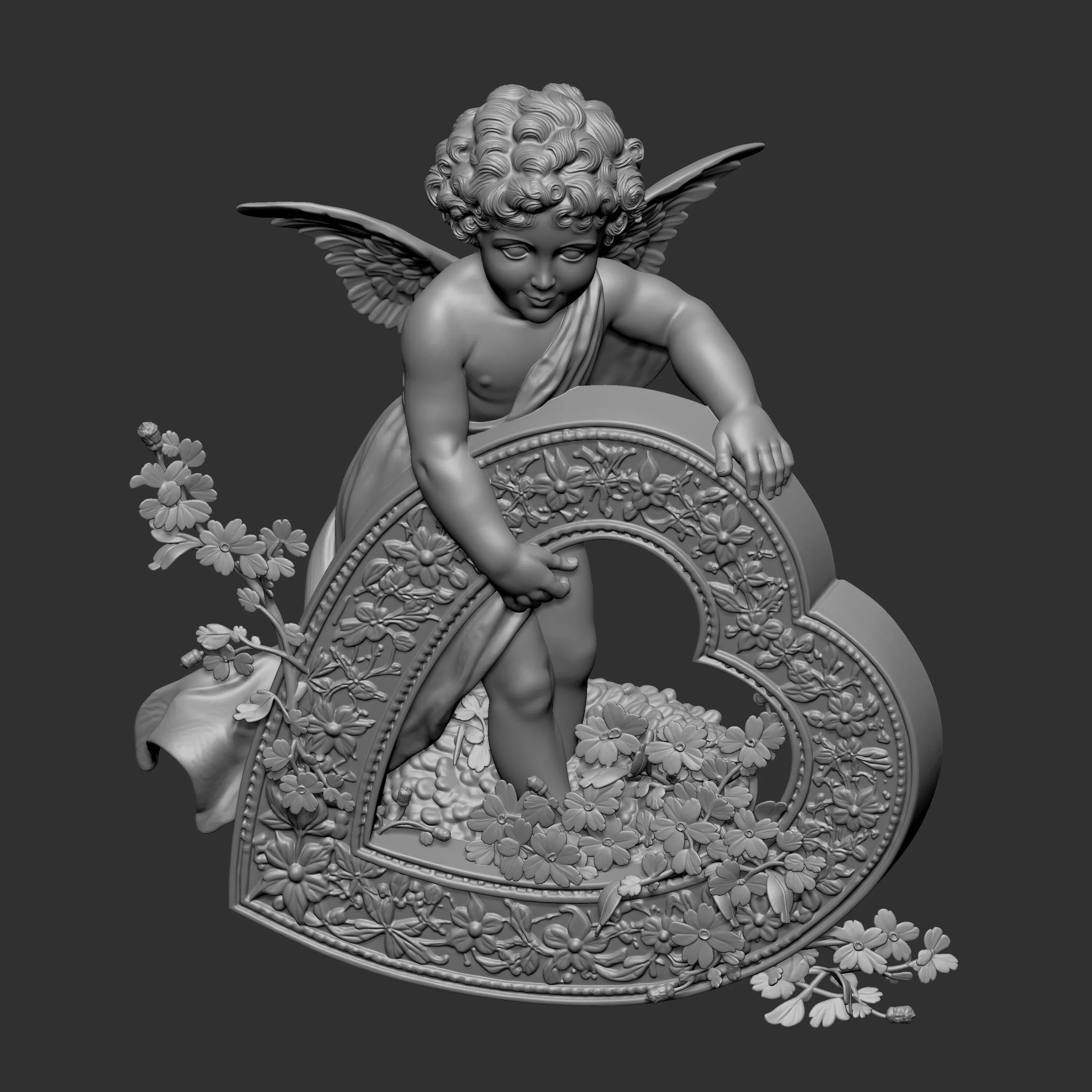 Cupid holding a floral heart 3D print model