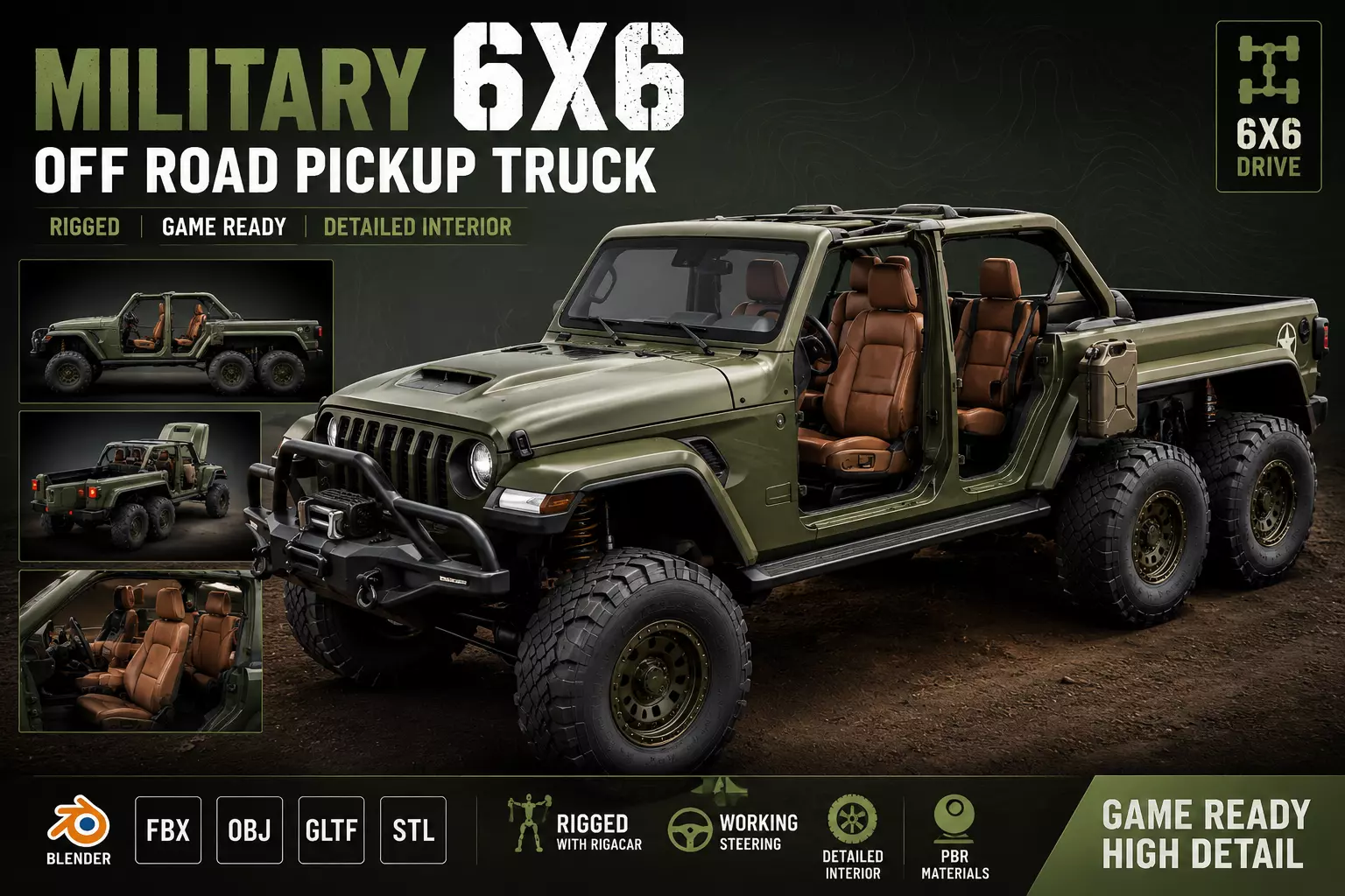 Military Tactical 6x6 Off Road Pickup Truck Rigged Vehicle Low-poly 3D model