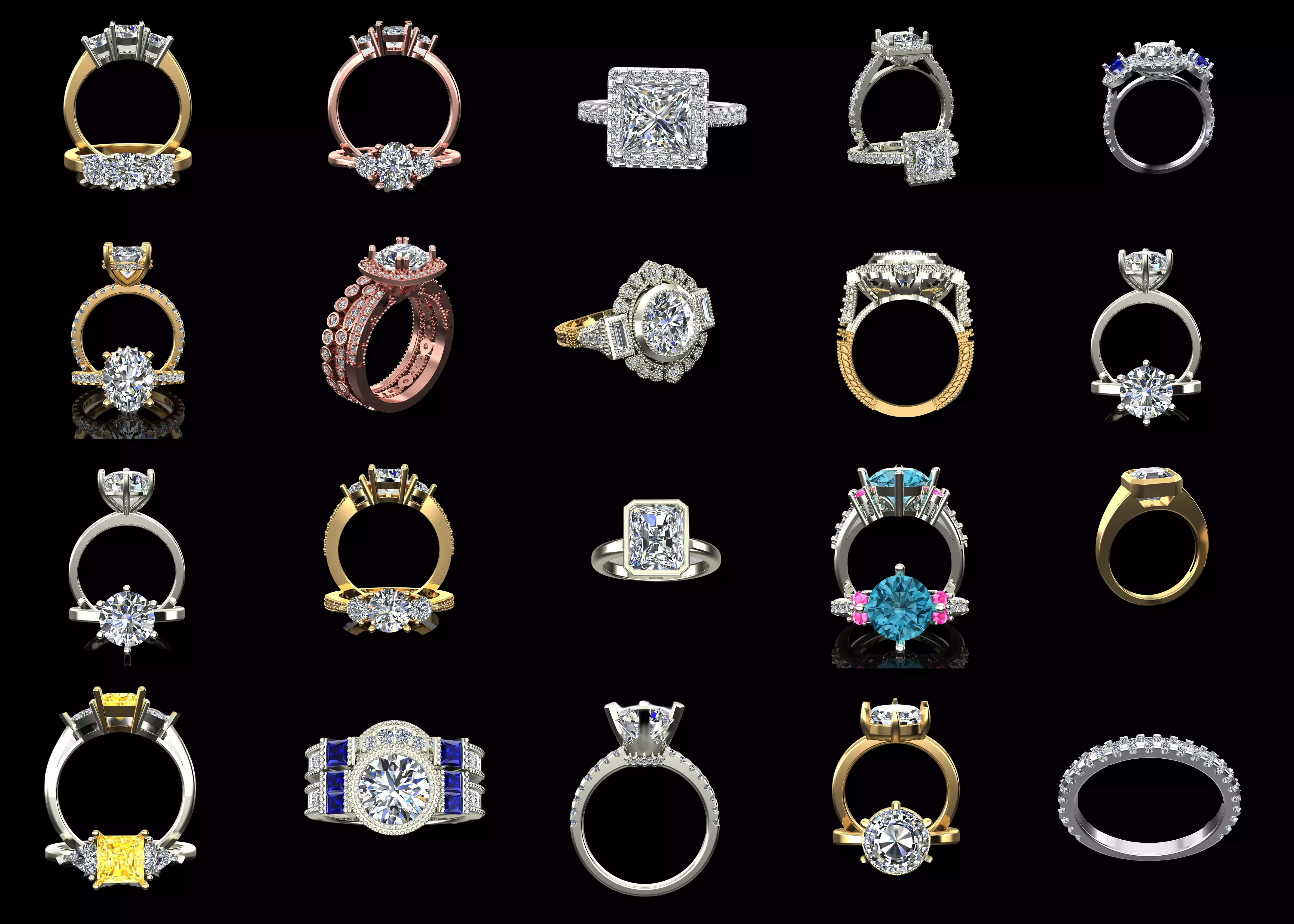 20 Luxury Ring CAD Models STL 3DM Engagement Combo Collection 3D print model