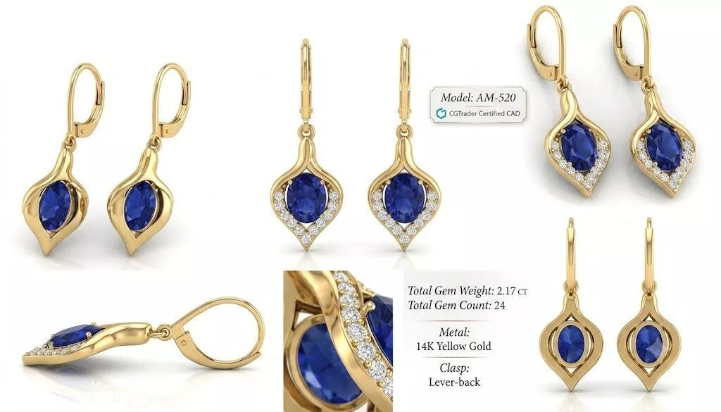 Elegant Oval Sapphire Dangle Earrings Production Ready CAD Model 3D print model