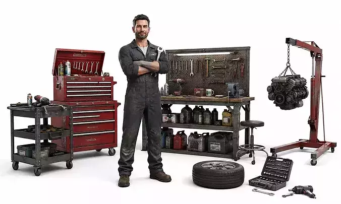 Auto Mechanic Repairing Car Character 3D model