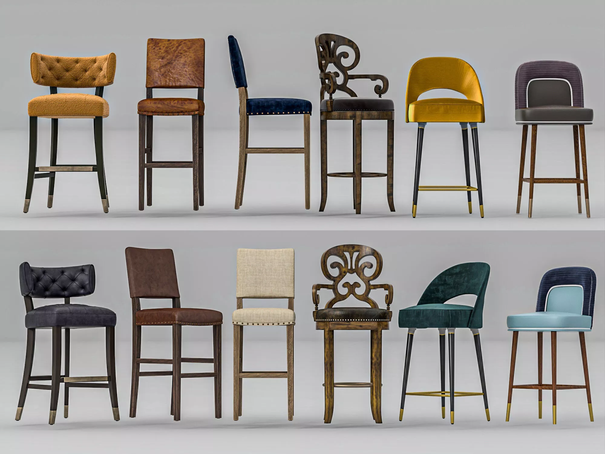 Modern Luxury Vintage Leather Velvet Bar Stools Set 3D model