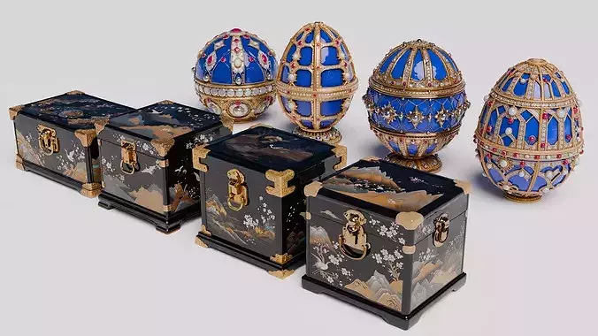 Luxury Ornate Enameled Eggs and Oriental Lacquer Boxes
