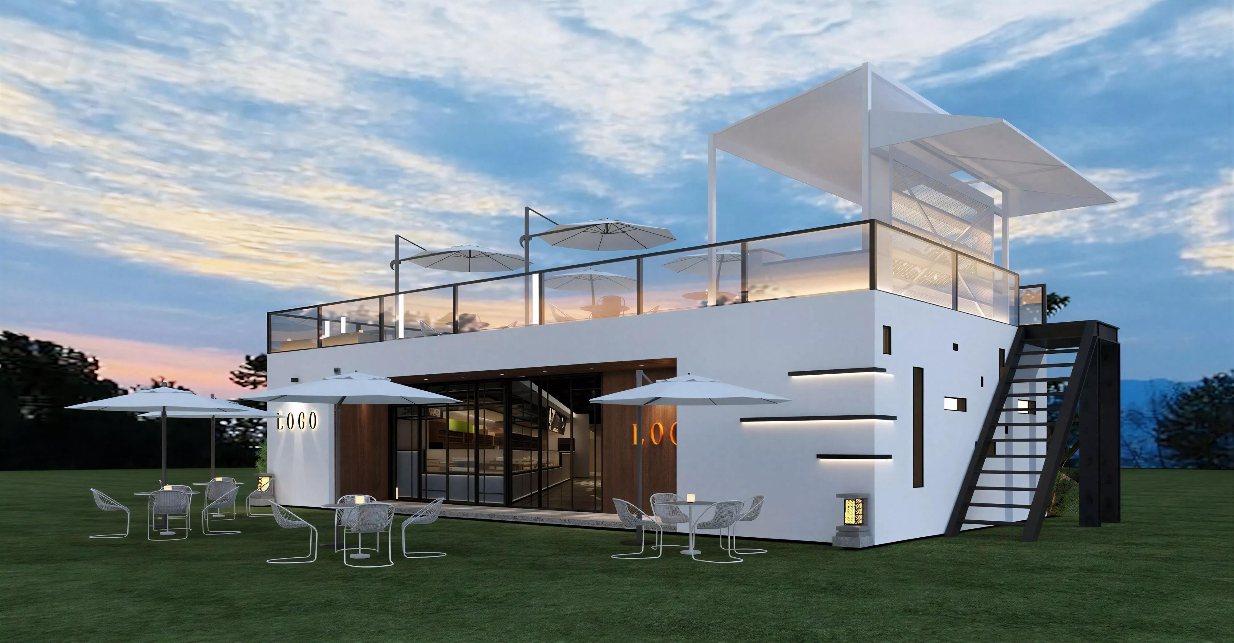 Two Story Minimalist Outdoor Cafe Building 3D Model 3D model