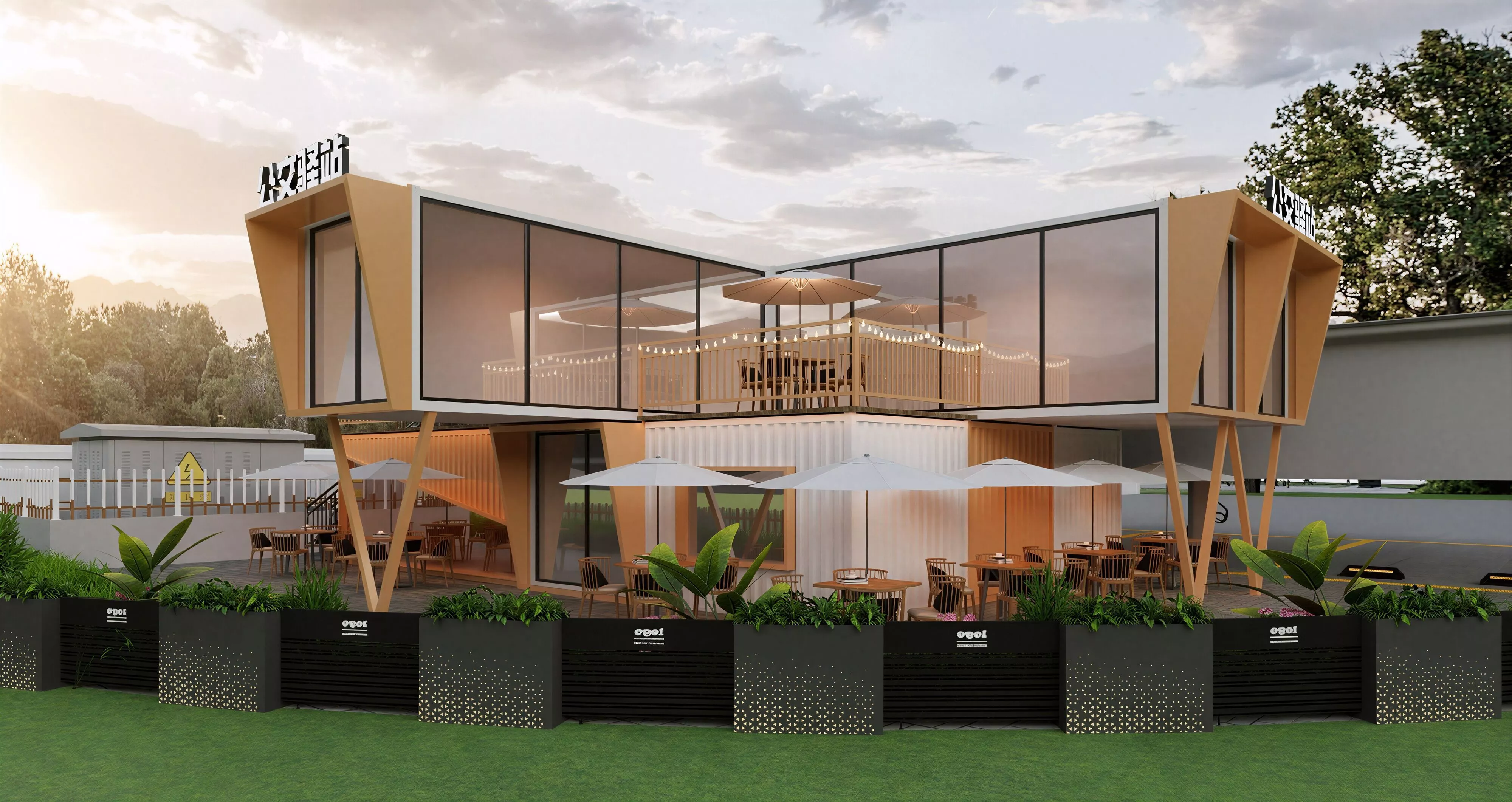 Two Story Angled Container Pop-Up Cafe Building 3D Model 3D model