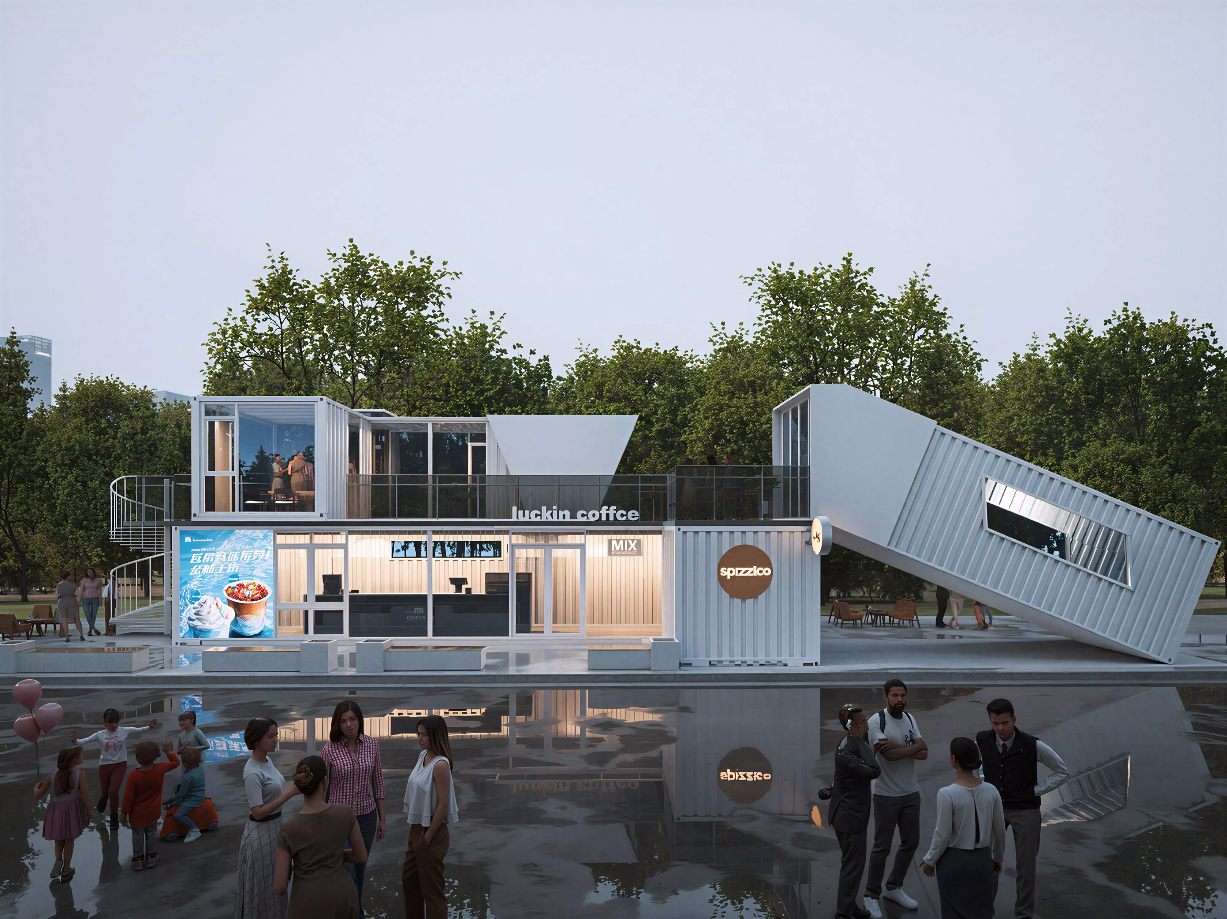 Asymmetrical Two Story Shipping Container Coffee Shop 3D Model 3D model