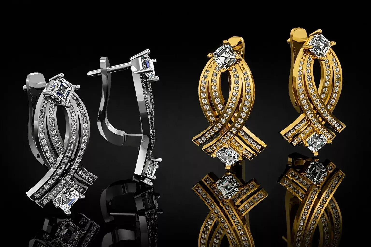 Diamonds Elegant Earrings Luxury Gold 3D print model