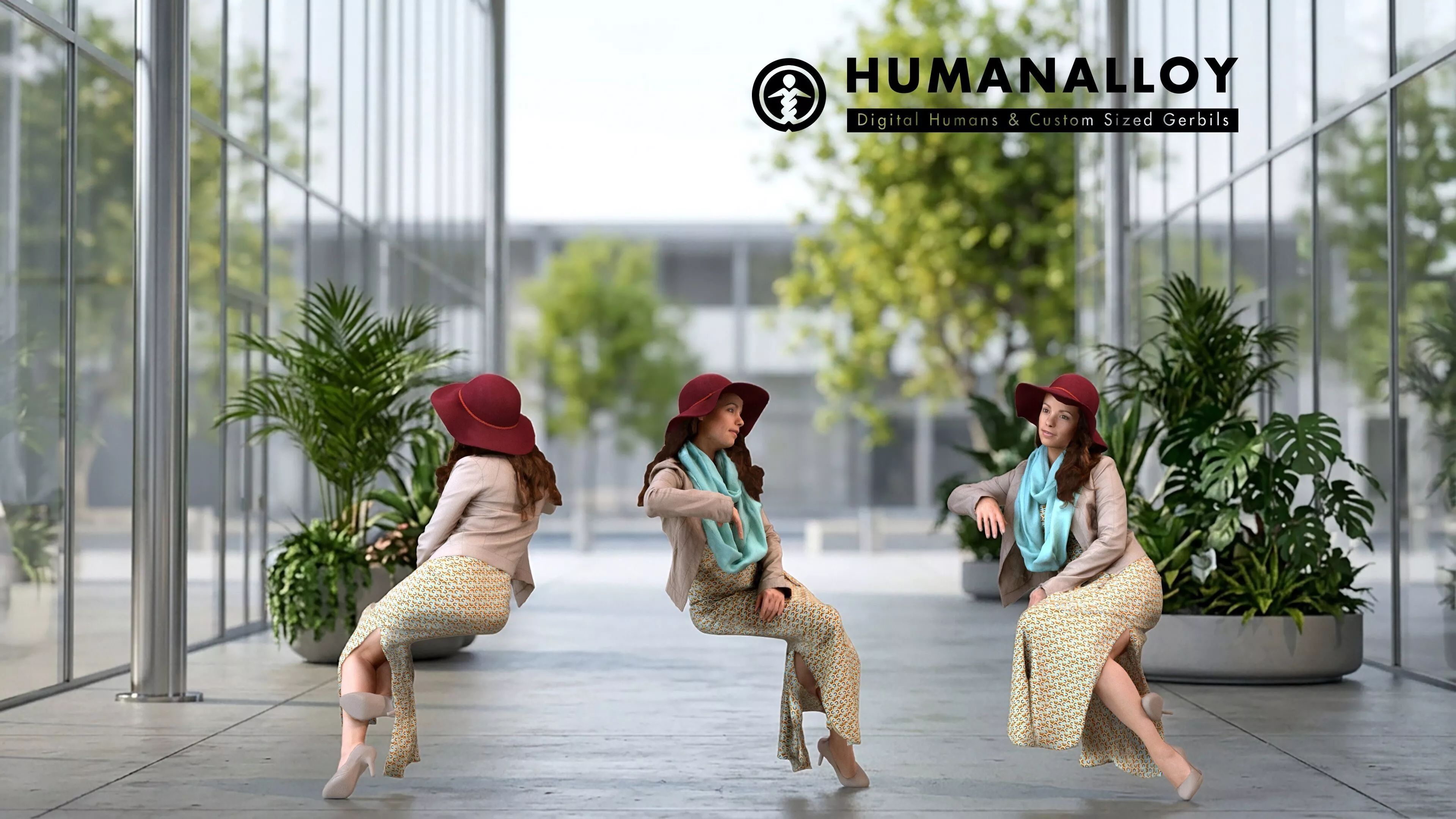 Adult Caucasian woman relaxing in public space with summer 3D model