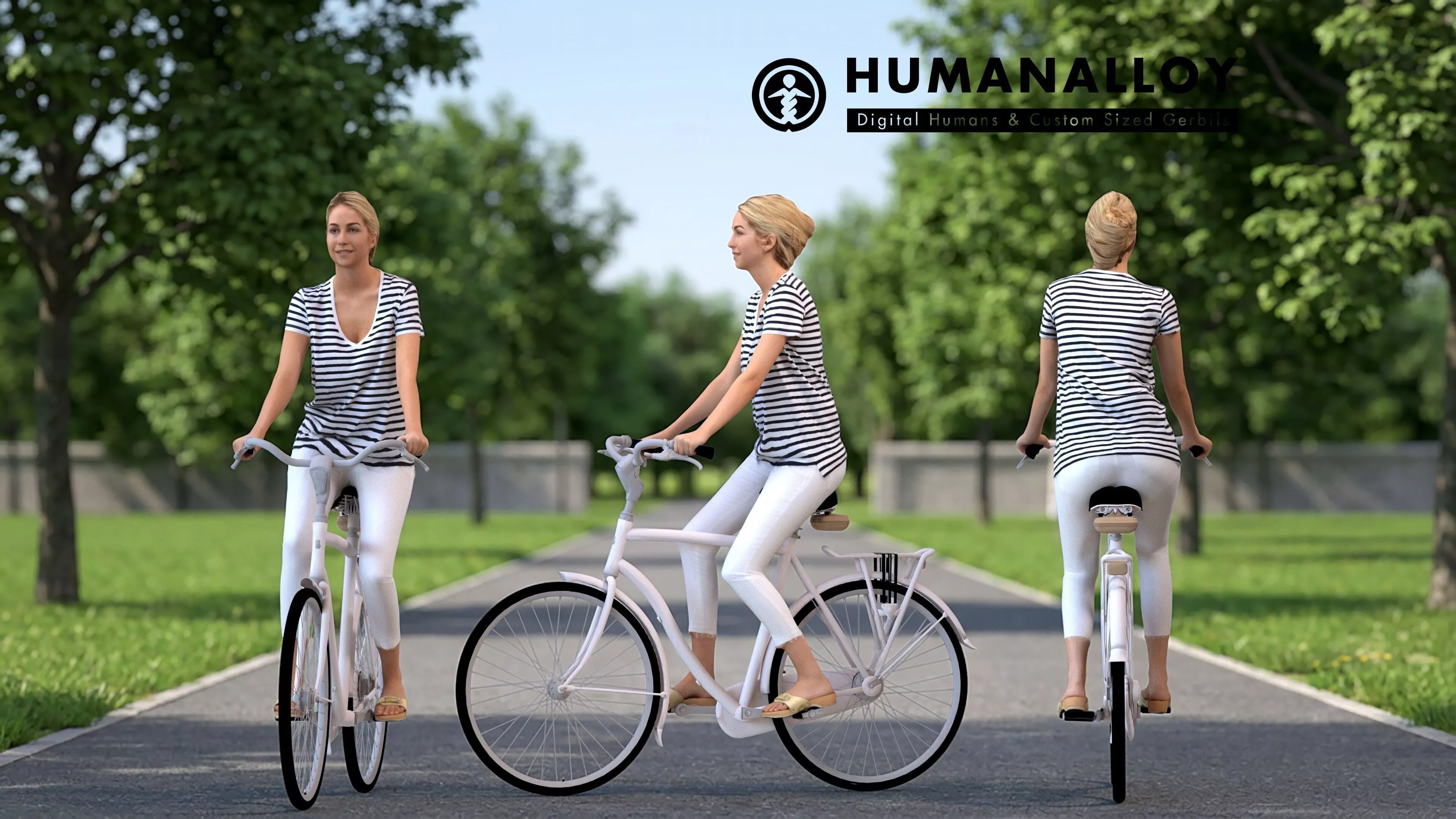 Adult Caucasian woman cycling outdoors in casual summer attire 3D model