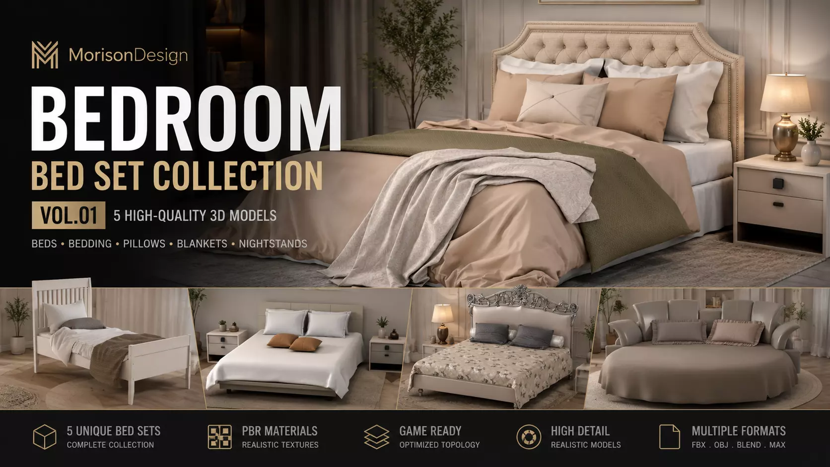MorisonDesign Bedroom Bed Set Collection 3D Model Low-poly 3D model