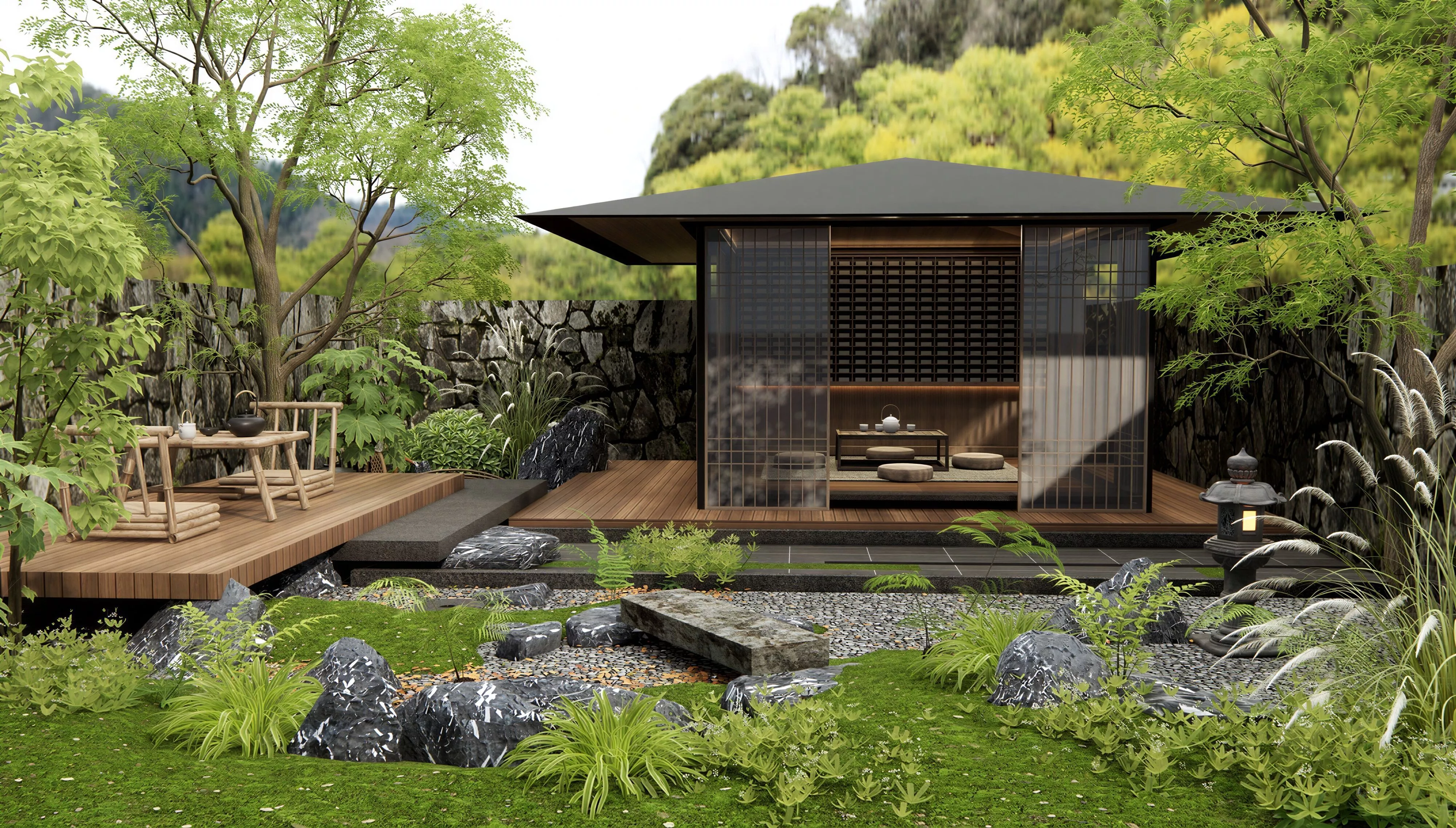 Flat Roof Japanese Tea House Dry Rock Zen Garden 3D Scene 3D model