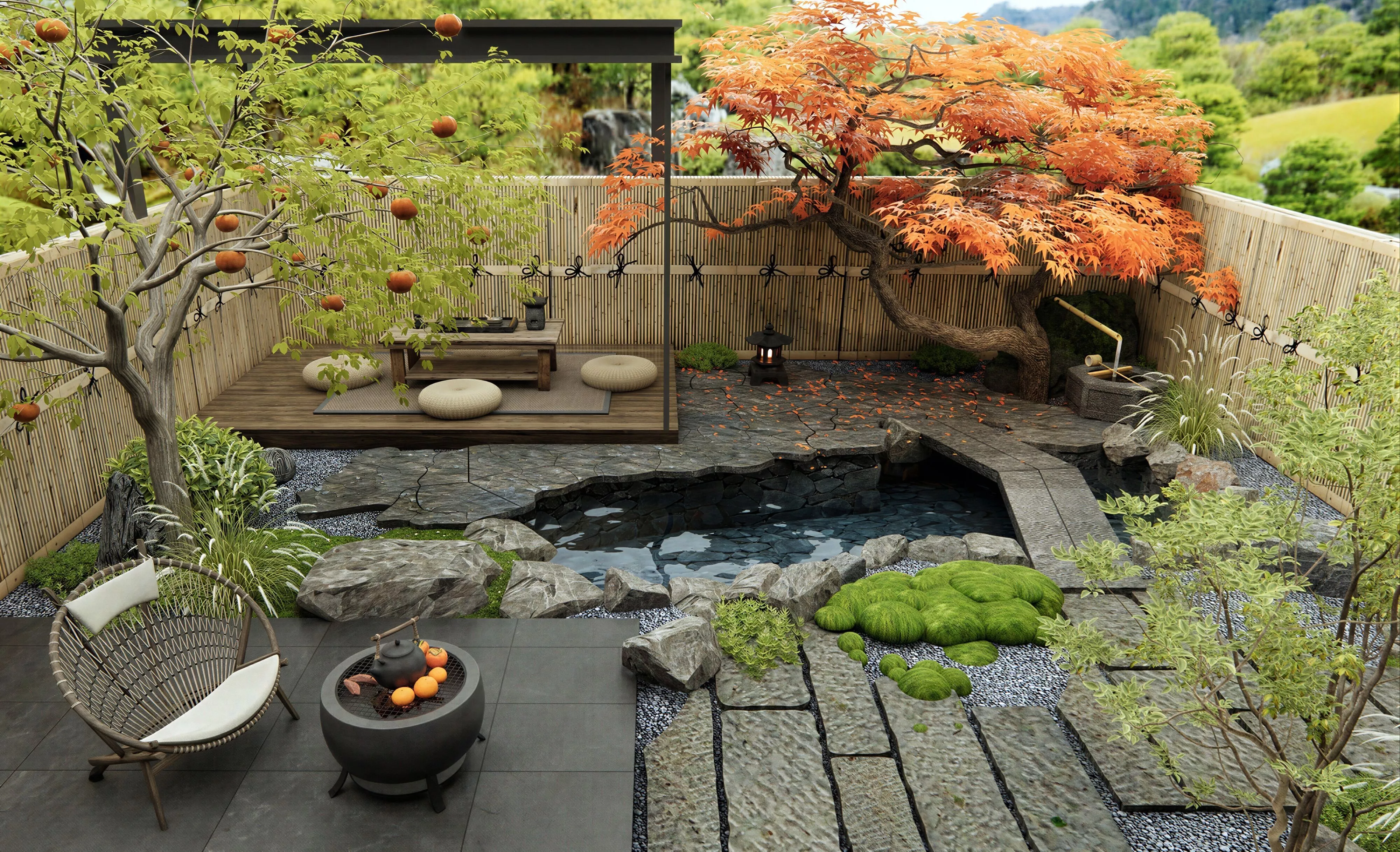 Autumn Maple Persimmon Tree Japanese Koi Pond Tea Courtyard 3D model