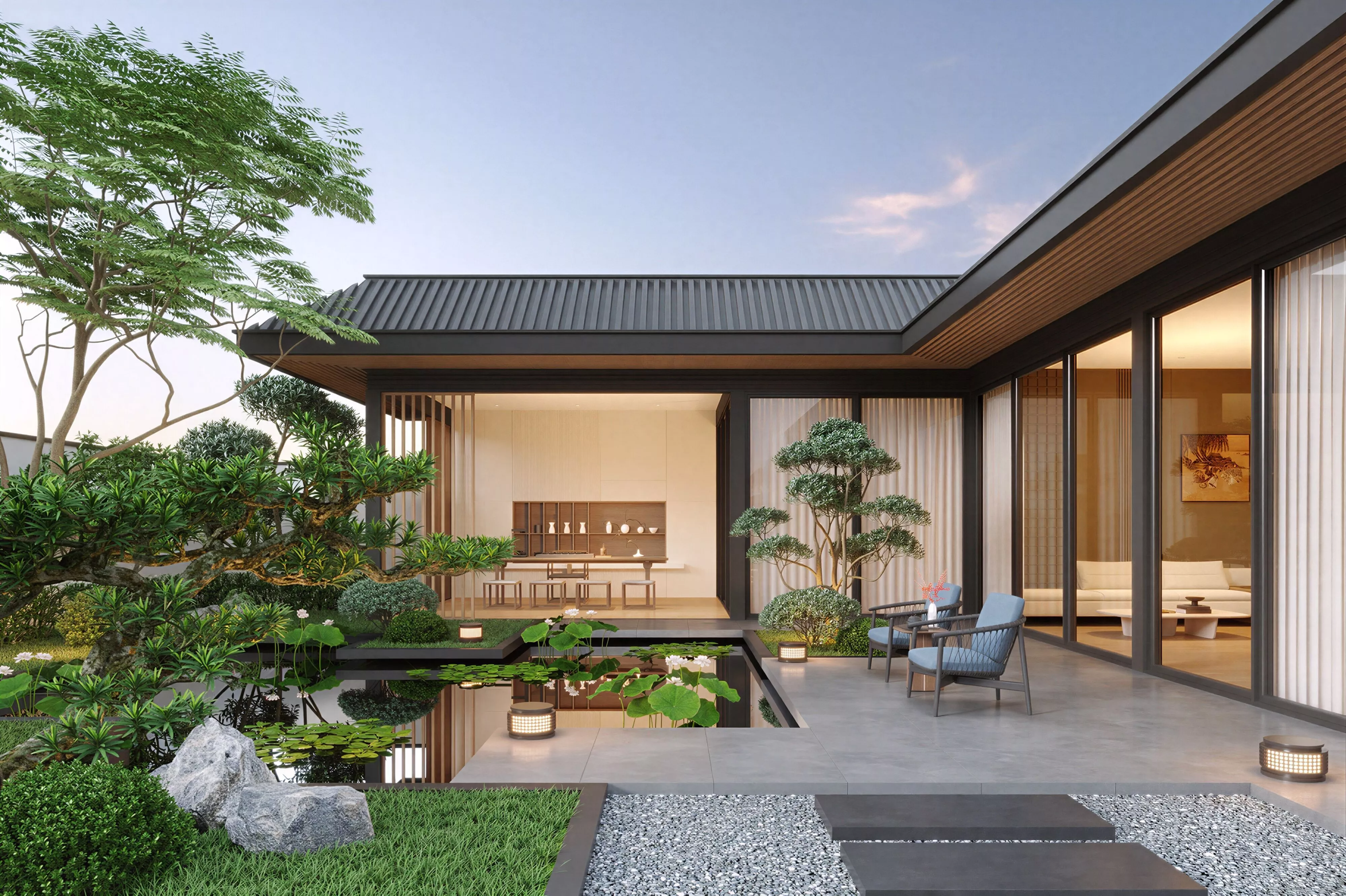 Modern Japanese Villa Courtyard Lotus Koi Pond Tea Pavilion 3D model