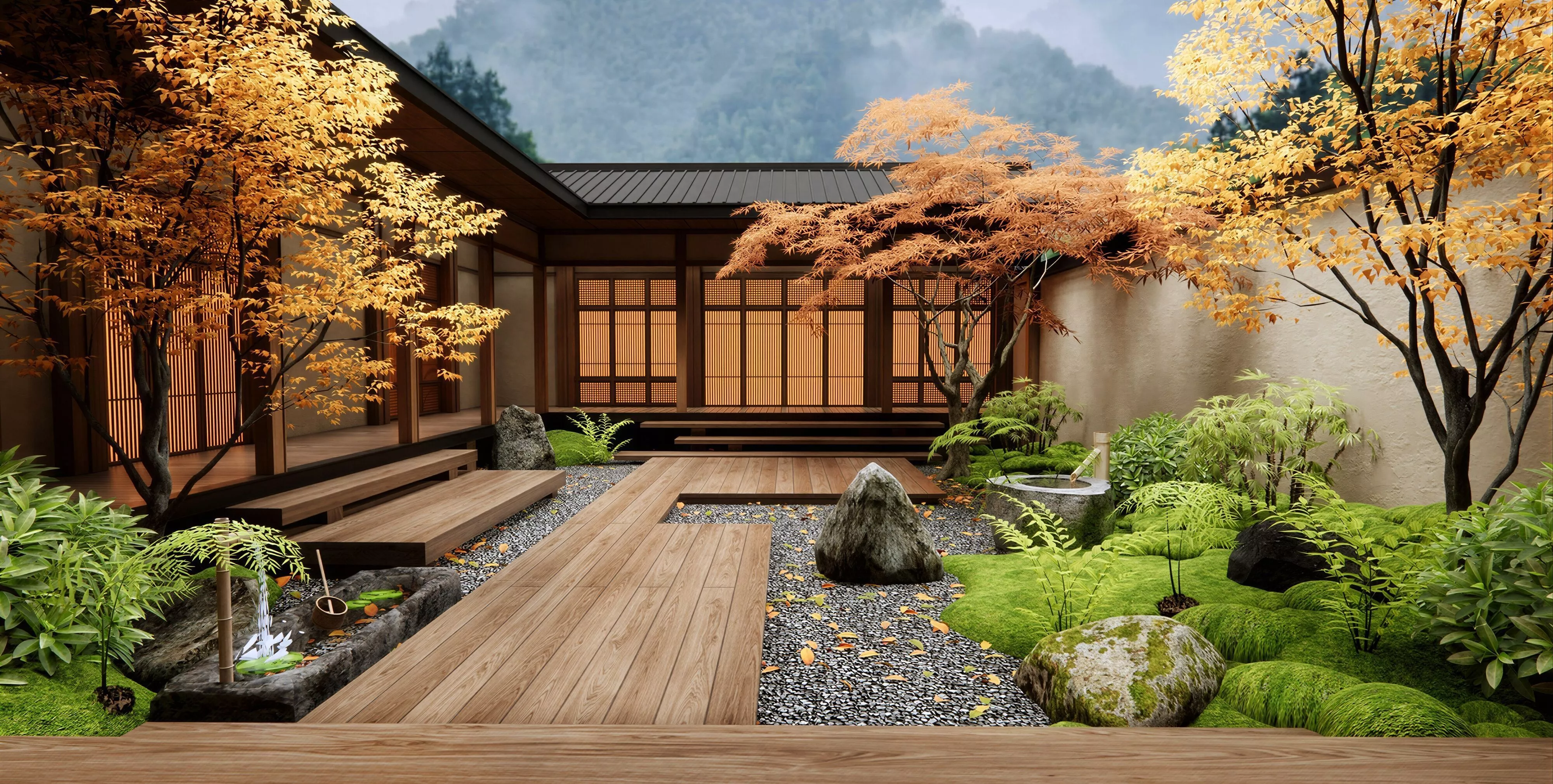 Mountain View Golden Maple Machiya Japanese Dry Rock 3D model