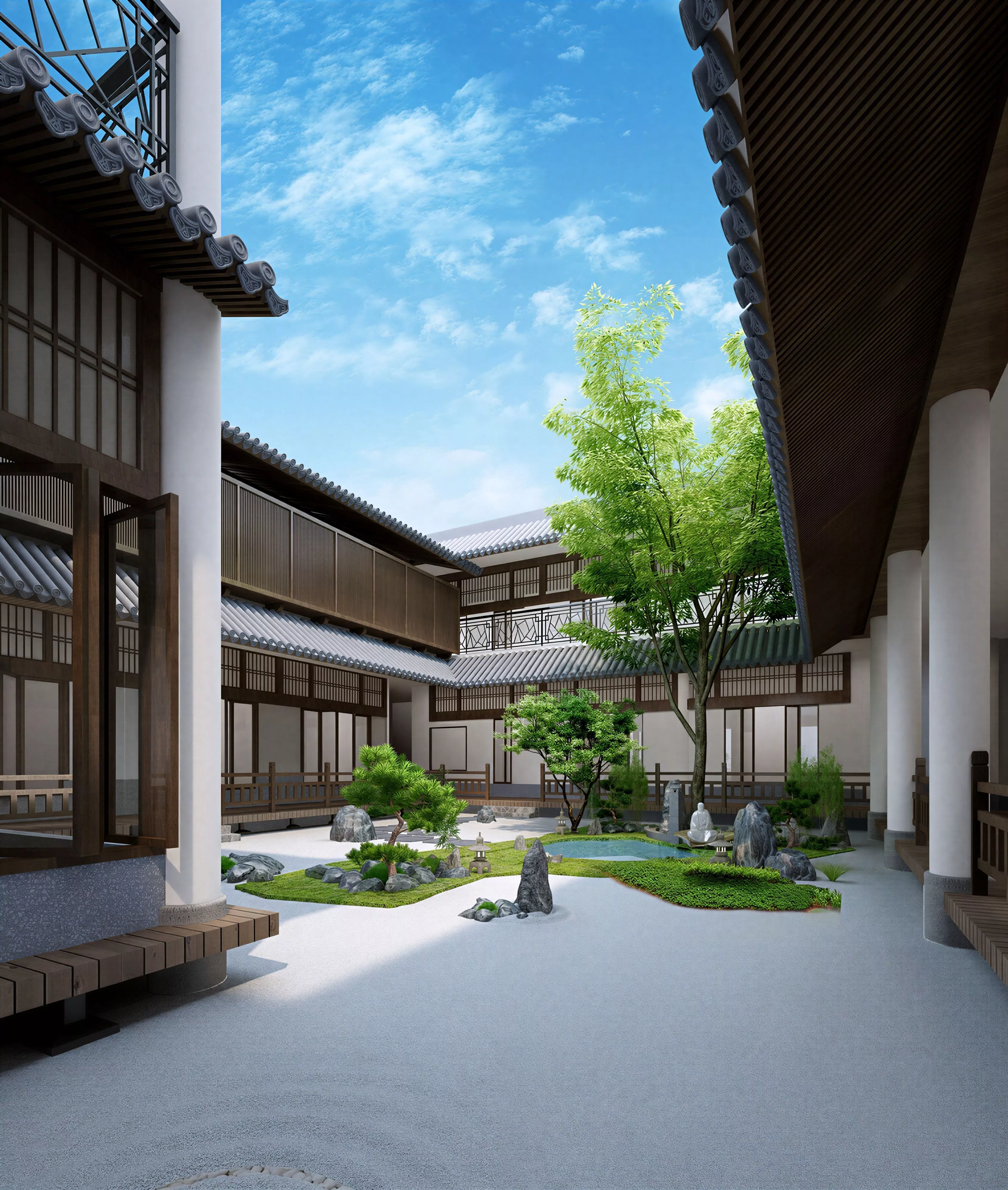 Chinese Suzhou Style Courtyard White Gravel Mini Pond 3D model