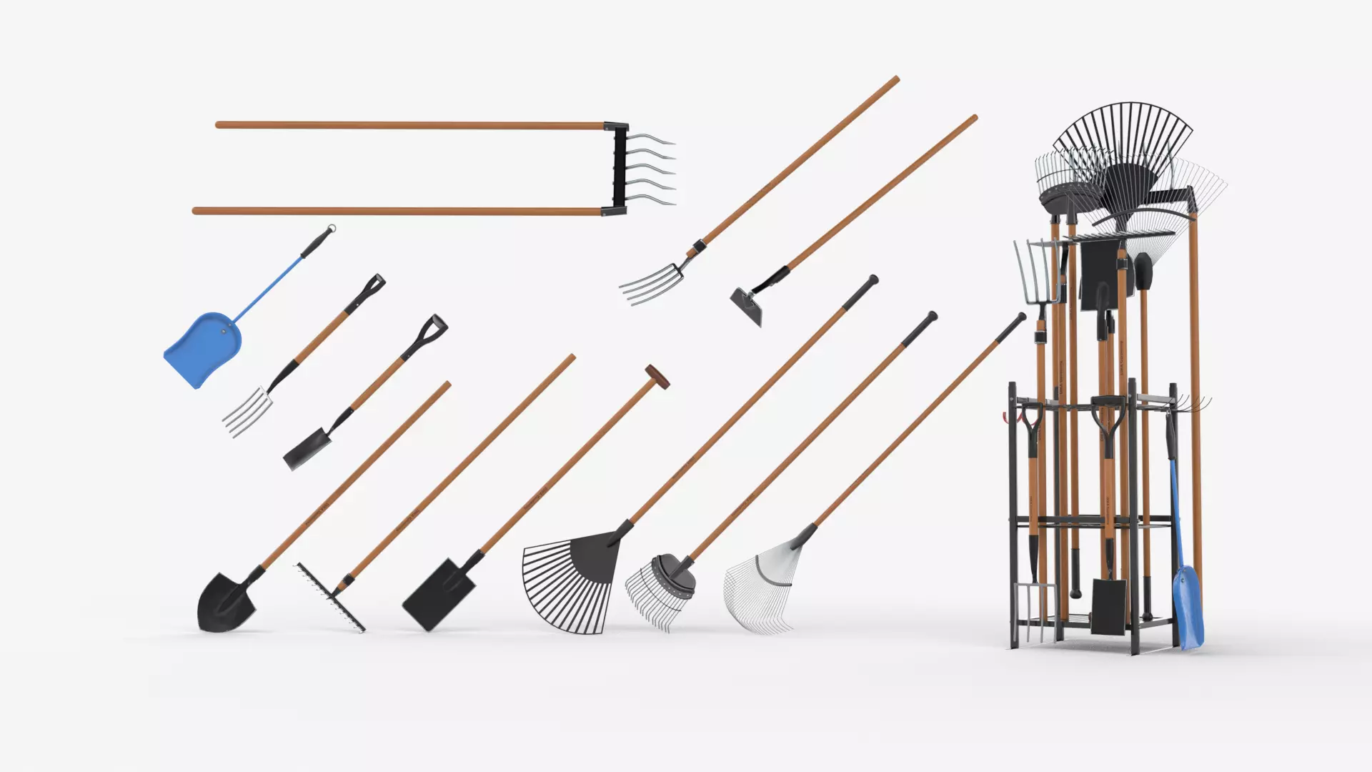 Garden Tools Collection Shovels Rakes Forks Storage Rack 3D model