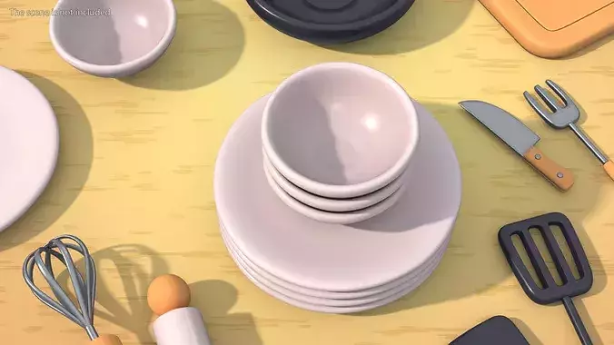 Cartoon Tableware Set Stack 3D model 3