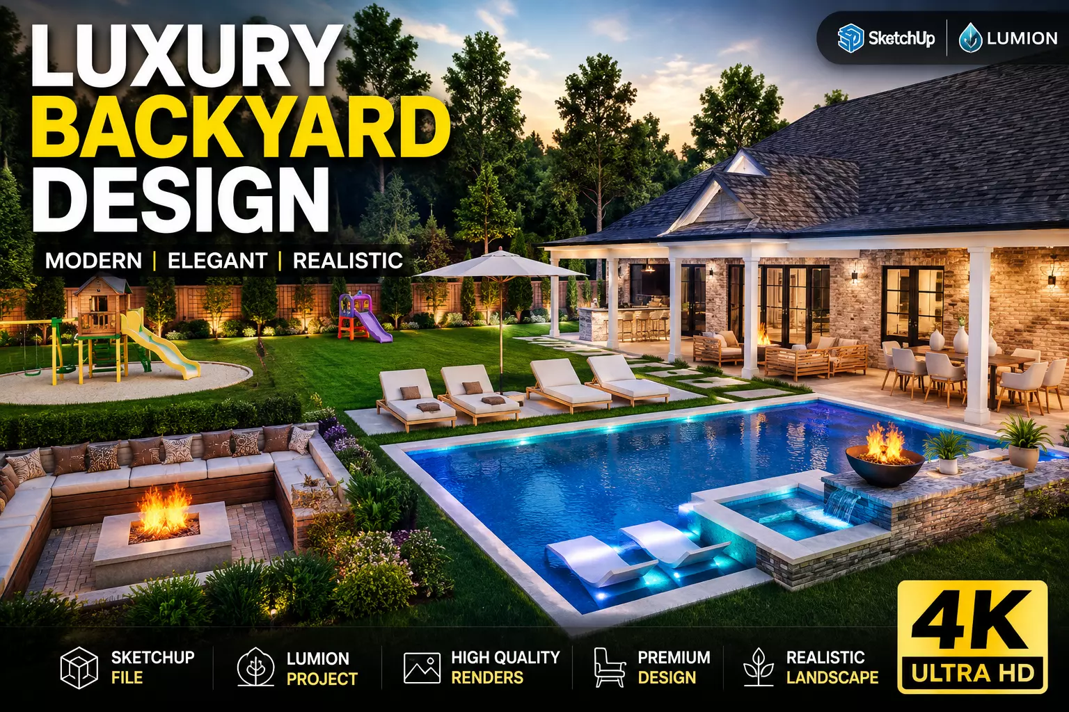 Luxury Backyard with Pool Fire Pit 3D model