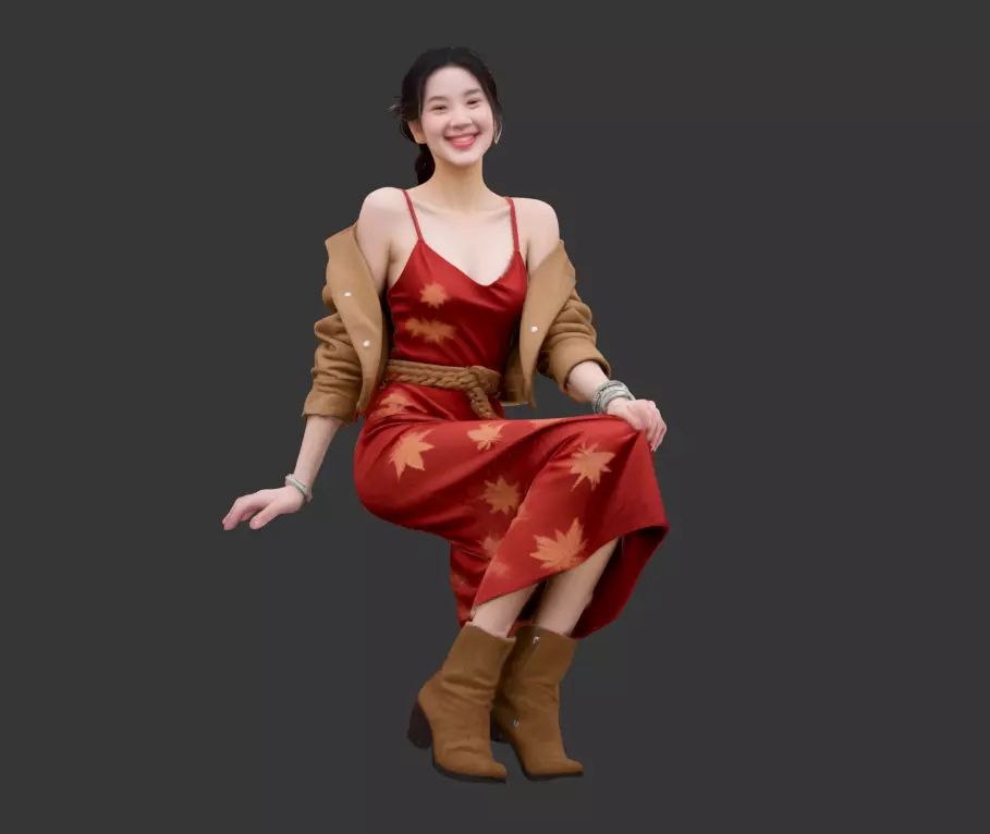 B175- A Modern Girl Smiling in a Red Jacket and Skirt 3D model