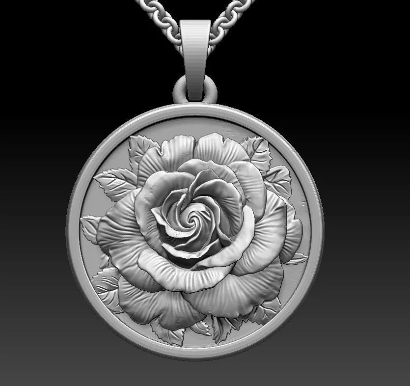 18K Gold Rose Pendant Necklace Oval Floral Botanical Medallion 3D print model