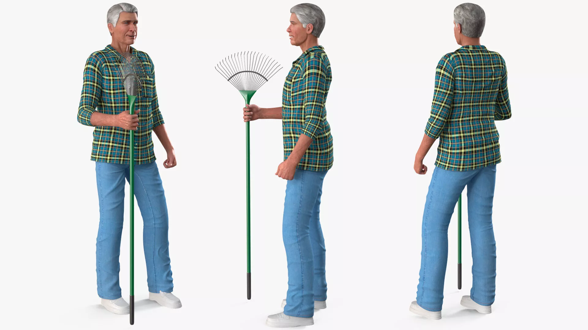 Grey-Haired Man in Plaid Shirt with Rake Rigged for Cinema 4D 3D model