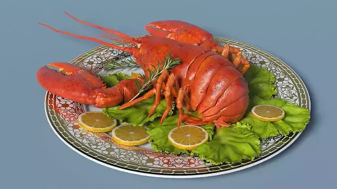 Boiled Lobster Plate with Lemon Slices and Lettuce 3D model 4