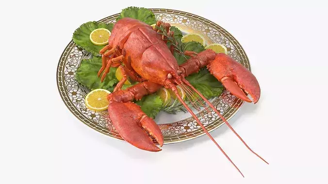 Boiled Lobster Plate with Lemon Slices and Lettuce 3D model
