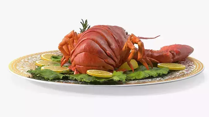 Boiled Lobster Plate with Lemon Slices and Lettuce 3D model 6