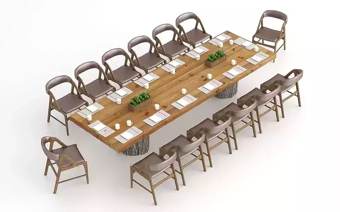 Modern Rustic Wooden Conference Table Chairs Set - MAX OBJ FBX Low-poly 3D model