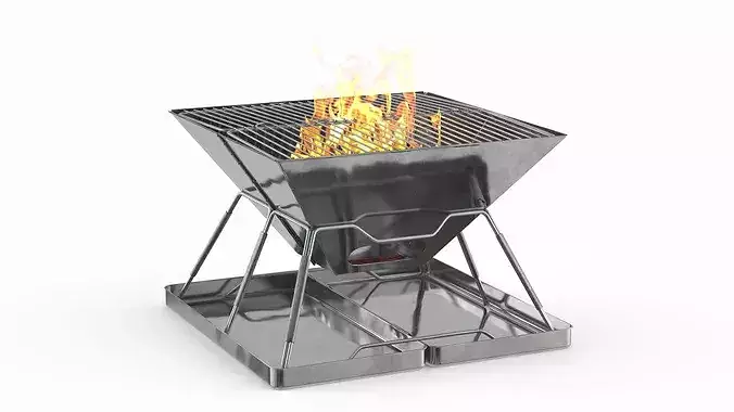 Folding Camping Grill with Fire 3D model 2