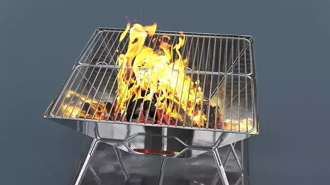 Folding Camping Grill with Fire 3D model 4