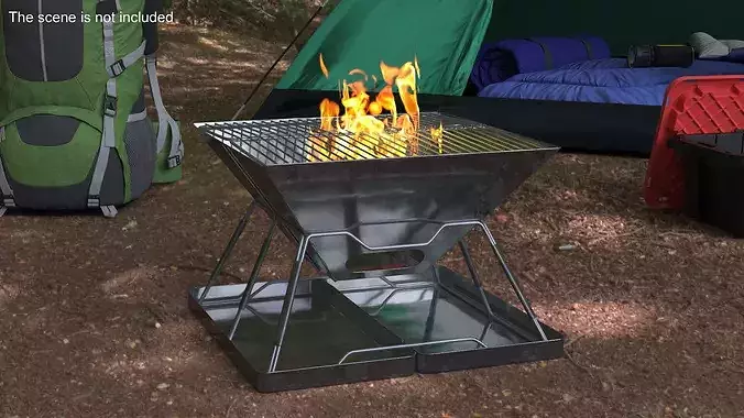 Folding Camping Grill with Fire 3D model 3