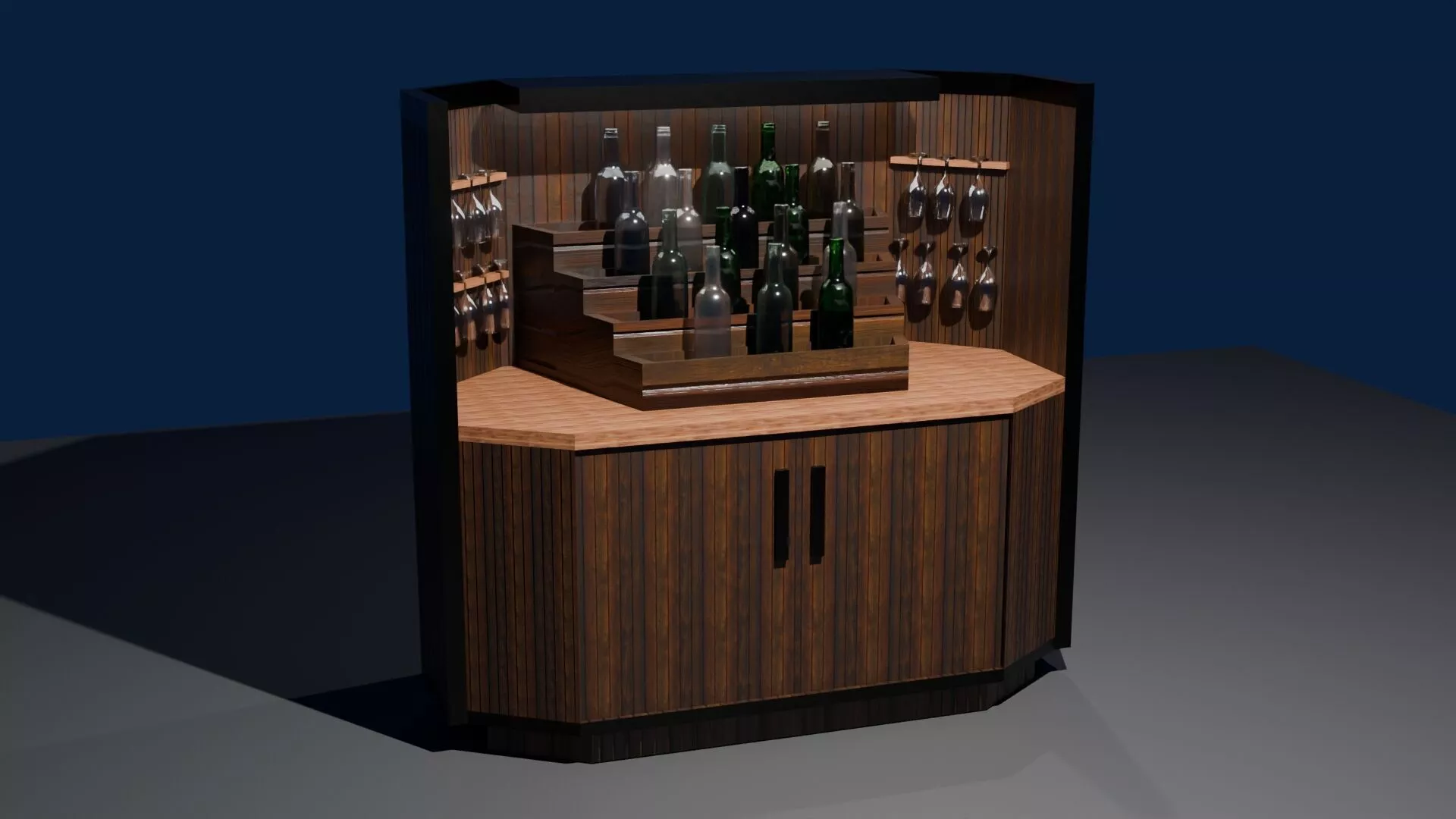Luxury Wooden Bar Cabinet Setup with Bottles and Glasses 3D model